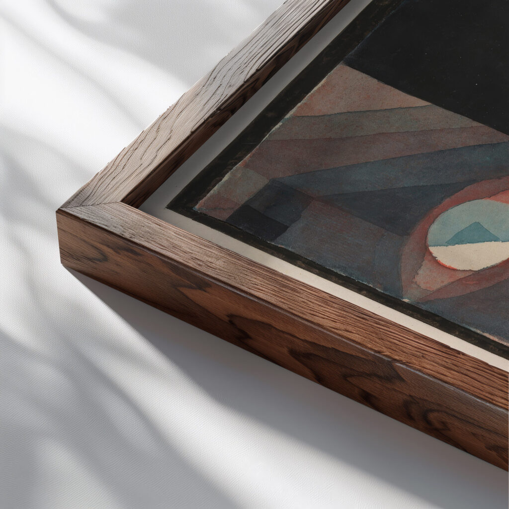 Abstract. Red and Green Gradation with some cinnibar in vertical format 1921 Paul Klee close up dark wood mockup