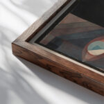 Abstract. Red and Green Gradation with some cinnibar in vertical format 1921 Paul Klee close up dark wood mockup