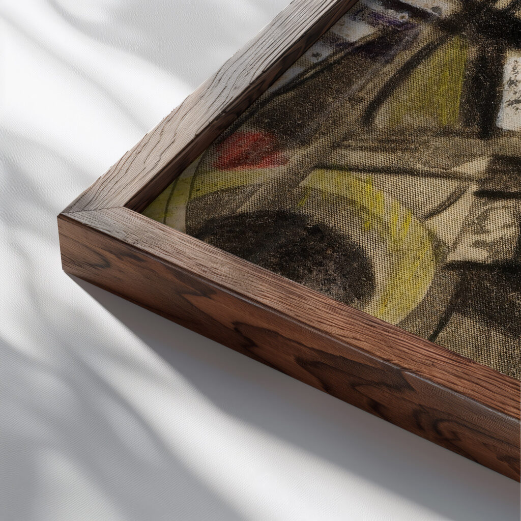 Abstract–Two Women with Tennis Racquets Carl Newman close up dark wood mockup