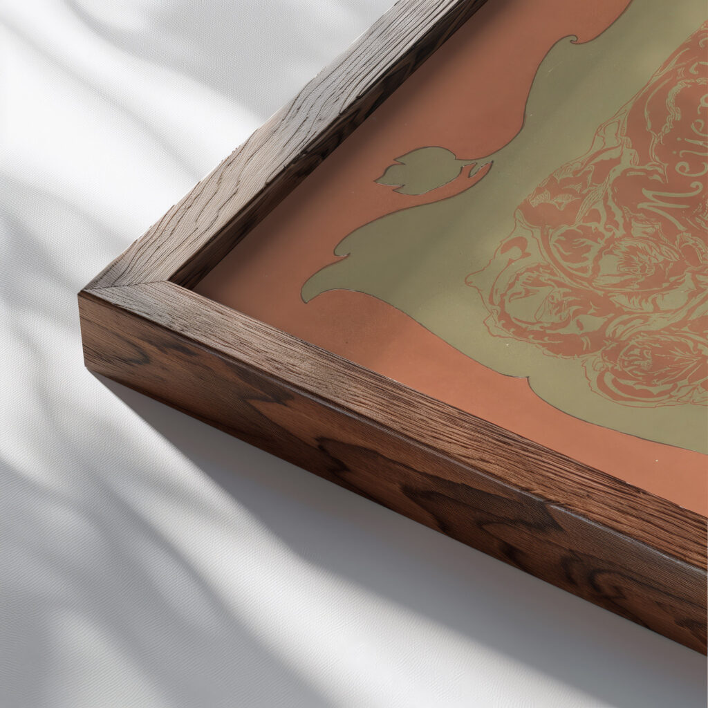 Advertentie van kunsthandelaar Meijer W. Goudeket 1896 Theo Colenbrander close up dark wood mockup