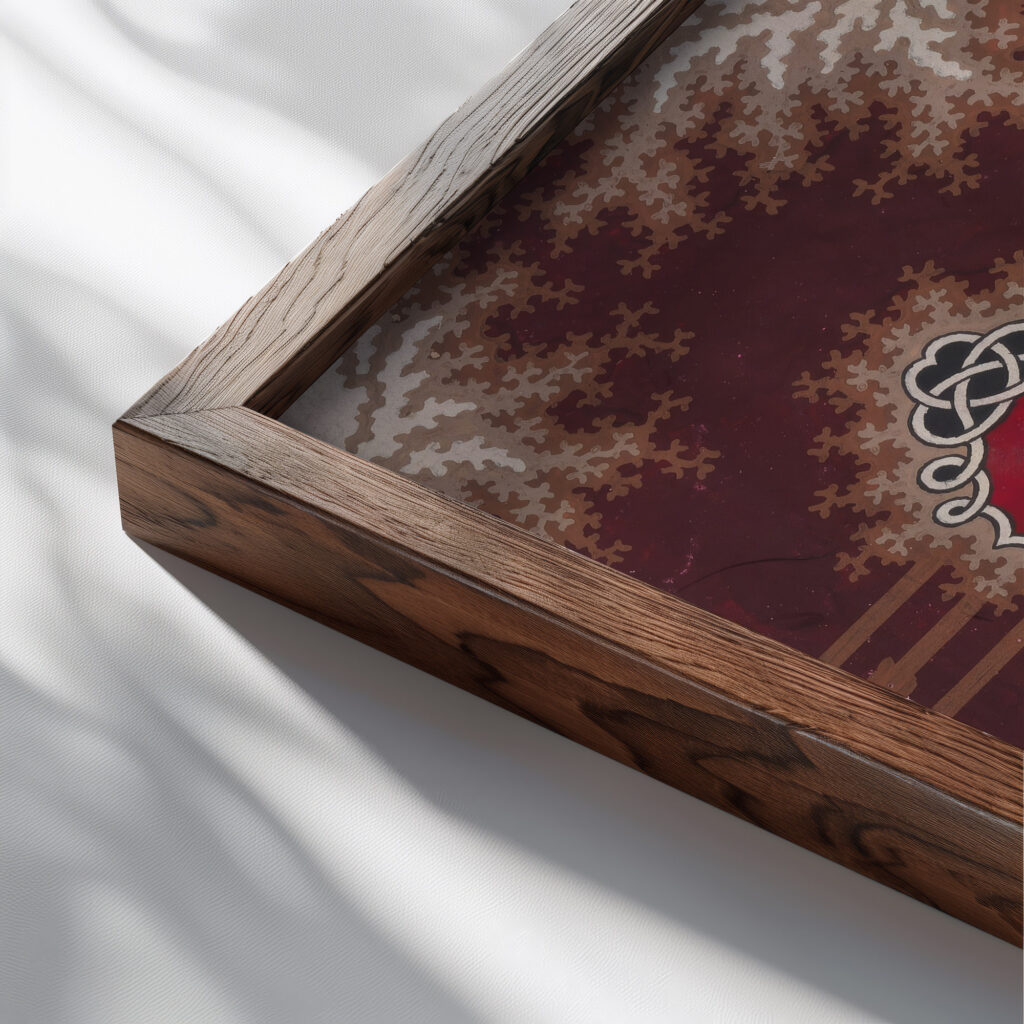 Alternating Horizontal Garlands of Branches with Abstract Swirls and Rosettes Flanked by Stylized Leaves and Framed by an Interlaced Ornamental Motif 1840 Unknown close up dark wood mockup