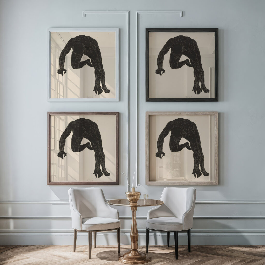 Anatomical study of the neck arm and leg muscles of a man in silhouette 1906 1945 Reijer Stolk framed posters mockup