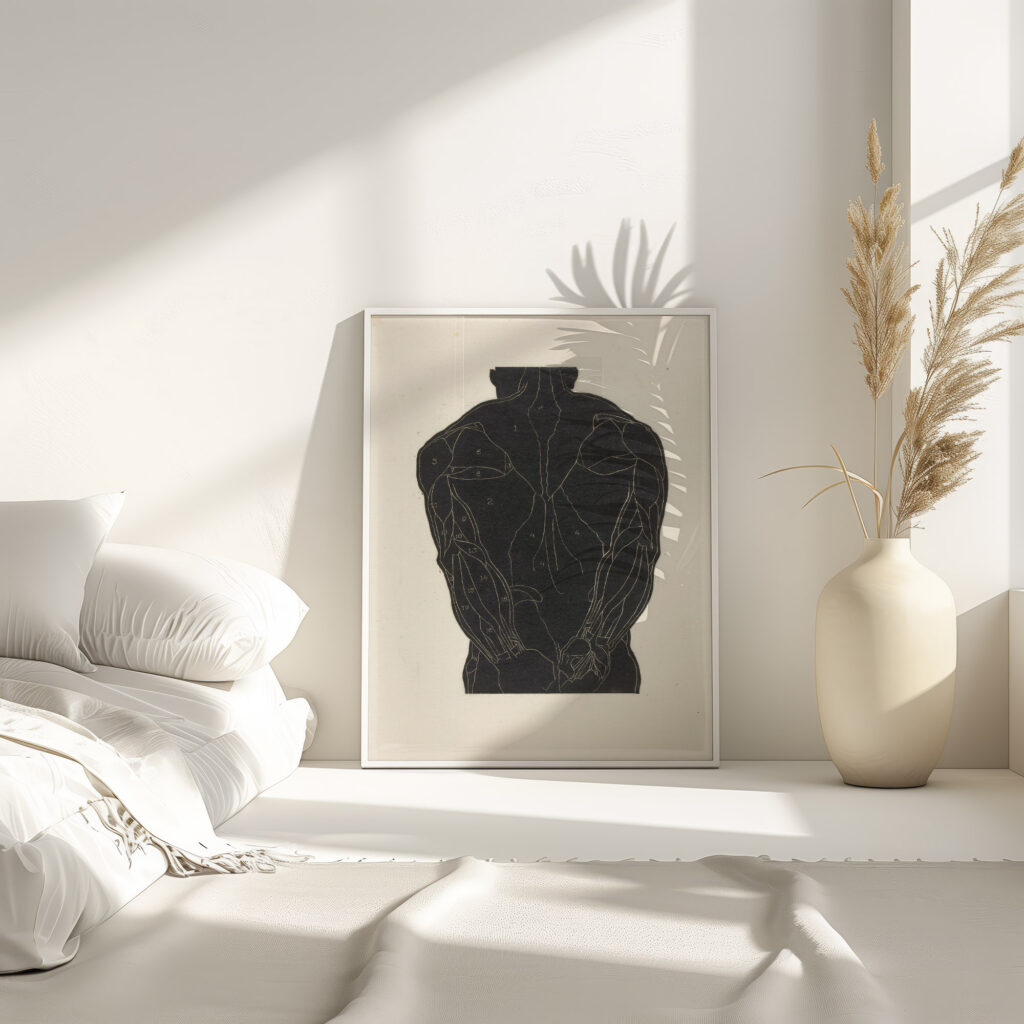 Anatomische studie van de rugspieren van een man in silhouet 1906 Reijer Stolk 4 mockup