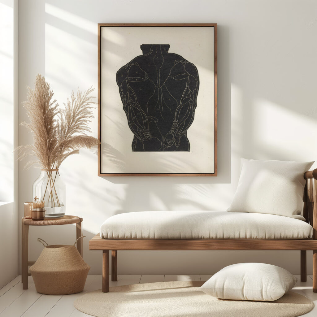 Anatomische studie van de rugspieren van een man in silhouet 1906 Reijer Stolk 5 mockup