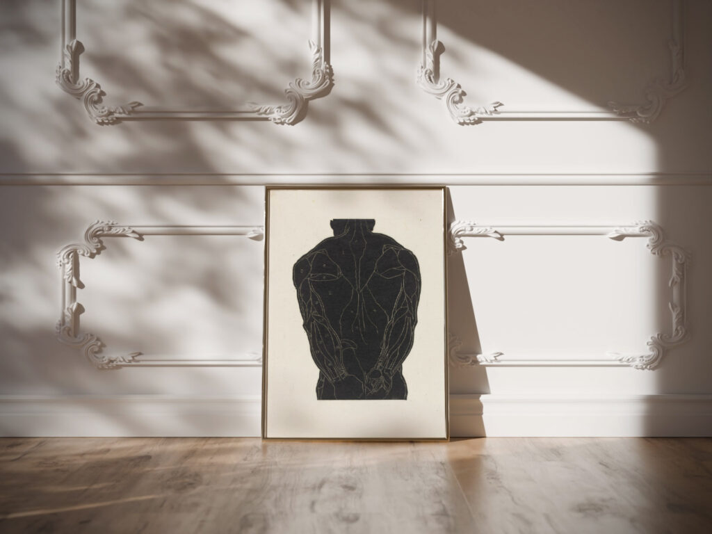 Anatomische studie van de rugspieren van een man in silhouet 1906 Reijer Stolk video mockup