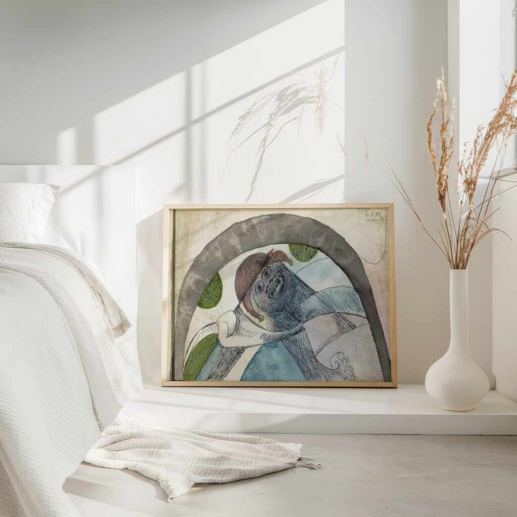 Antropomorf figuur met een harlekijnsmuts onder een boog 1944 01 06 Samuel Jessurun de Mesquita 4 mockup