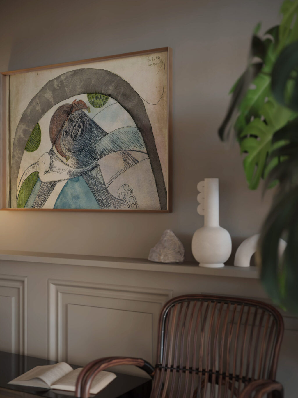 Antropomorf figuur met een harlekijnsmuts onder een boog 1944 01 06 Samuel Jessurun de Mesquita video mockup