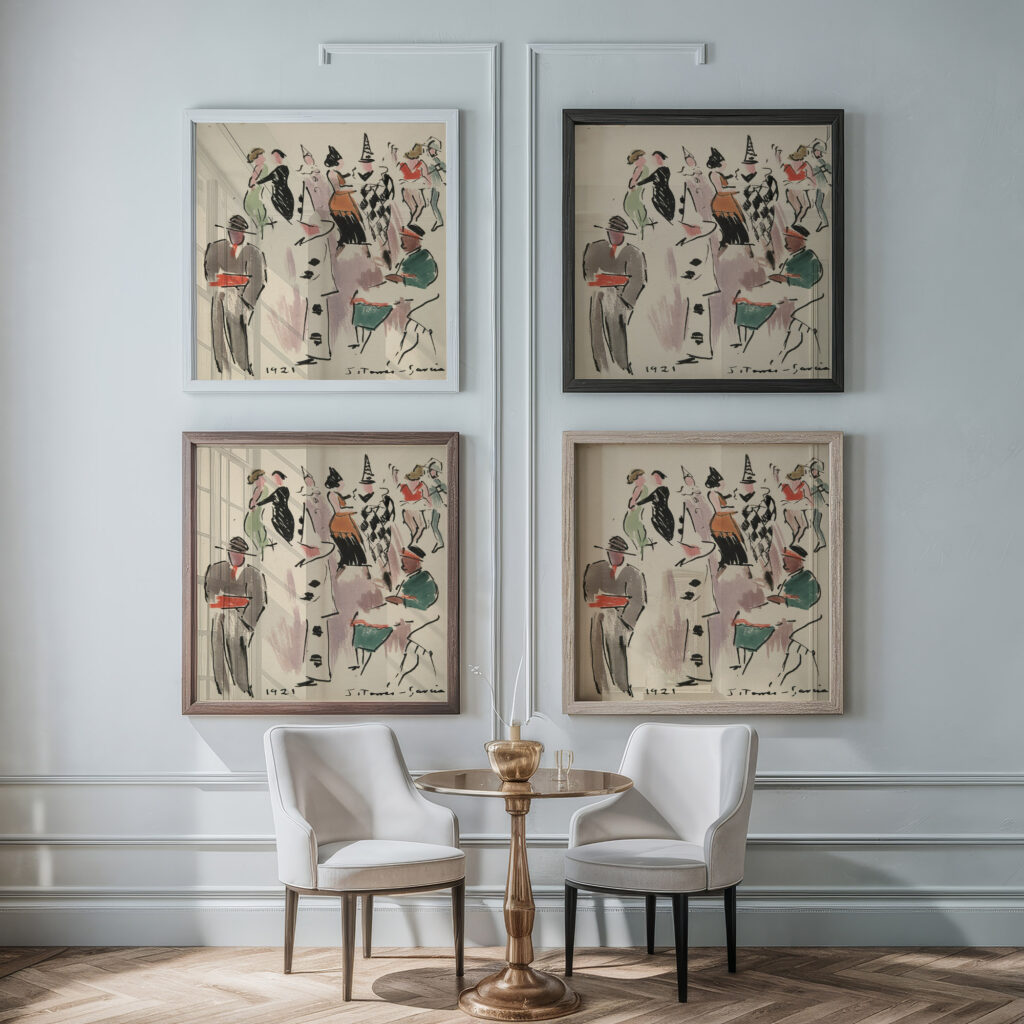 Artists Ball Pierrot Harlequin and Dancers 1921 Joaquin Torres Garcia framed posters mockup