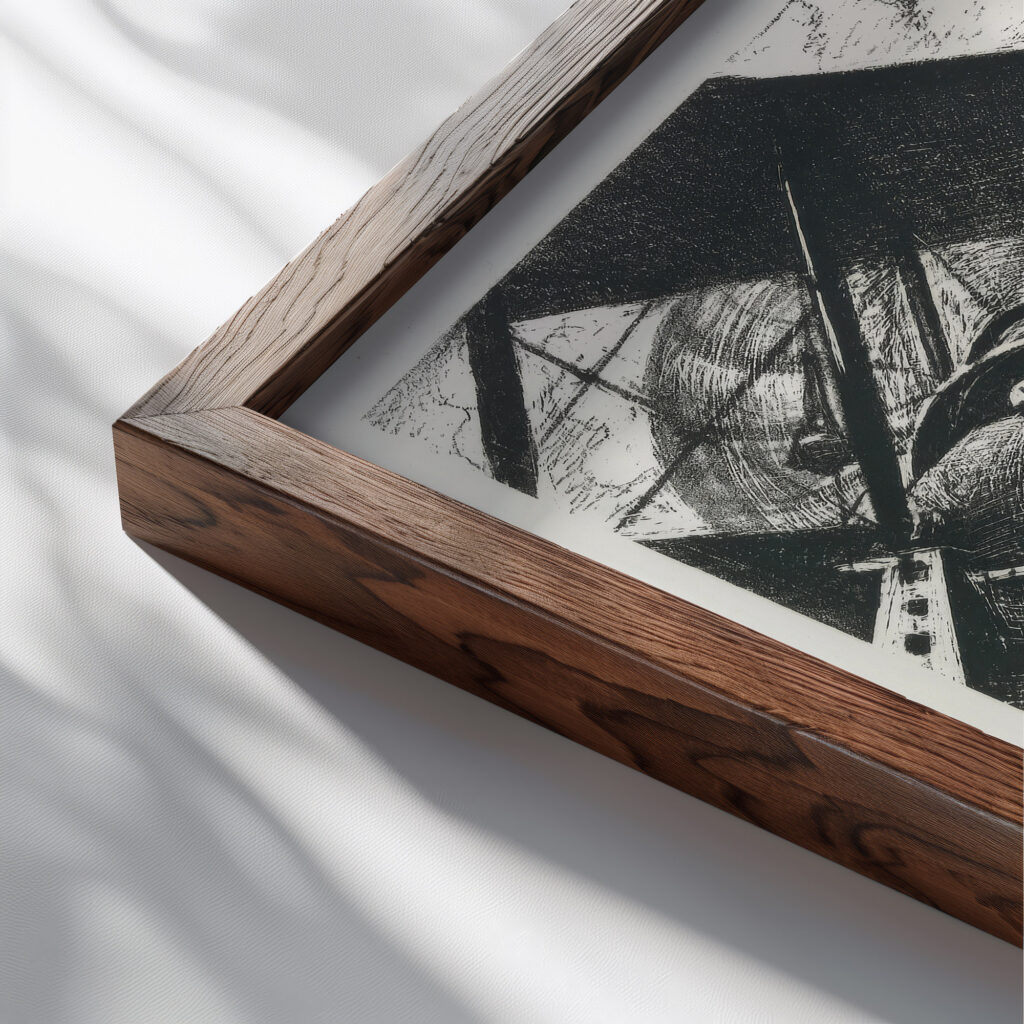 Banking at 4.000 Feet 1917 Christopher R. W. Nevinson close up dark wood mockup