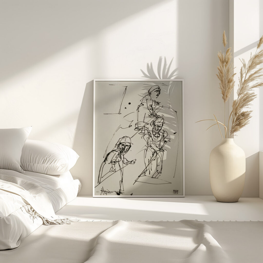 Bauerngruppe zwei Bauerinnen und ein Bauer mit Sensen mahend 1925 Albert Muller 4 mockup