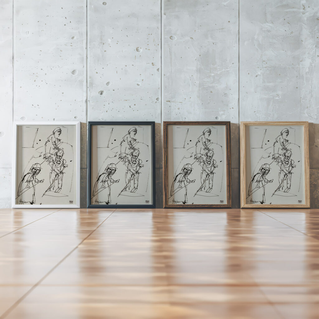 Bauerngruppe zwei Bauerinnen und ein Bauer mit Sensen mahend 1925 Albert Muller framed posters mockup