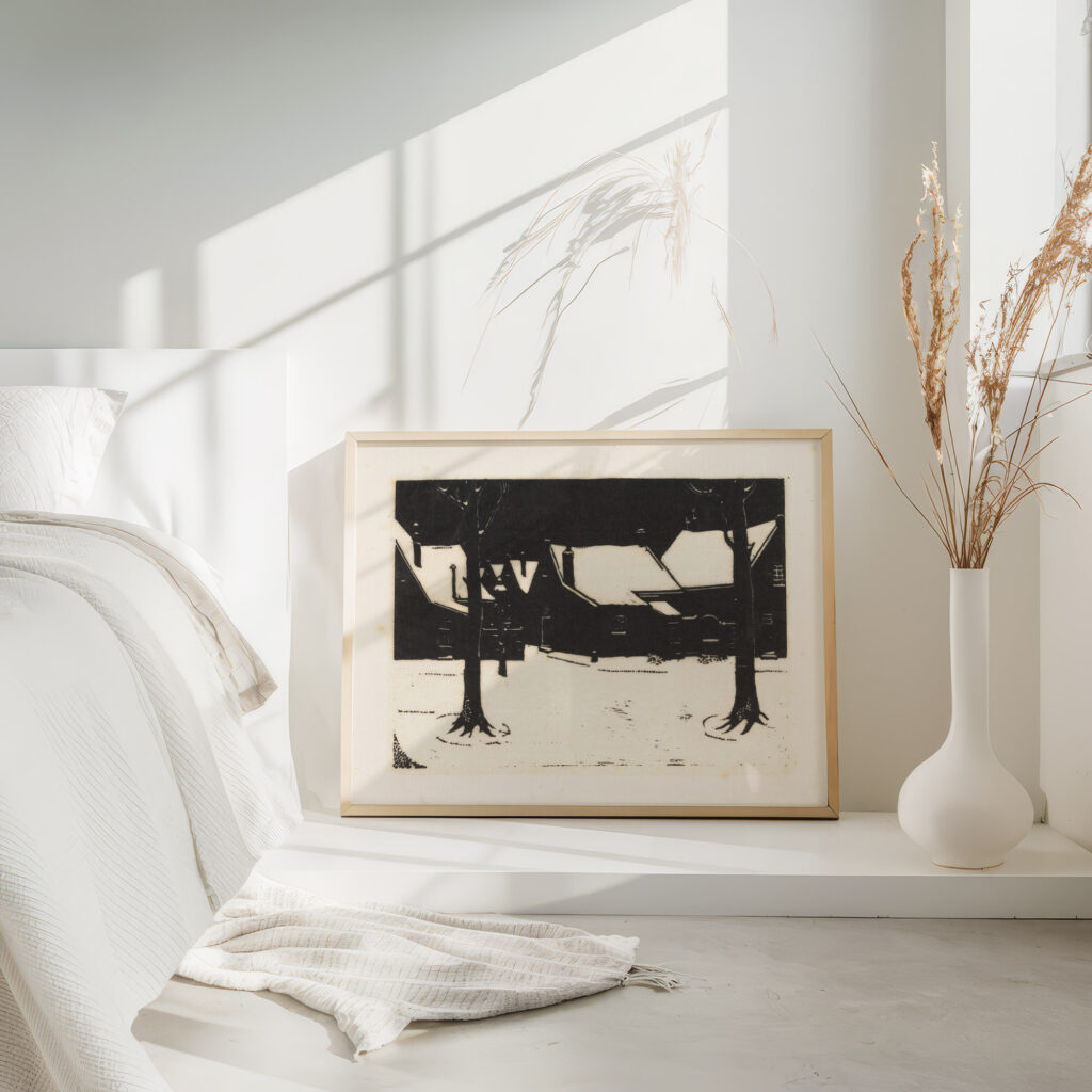 Besneeuwd plein met twee bomen 1928 Dick Ket 4 mockup