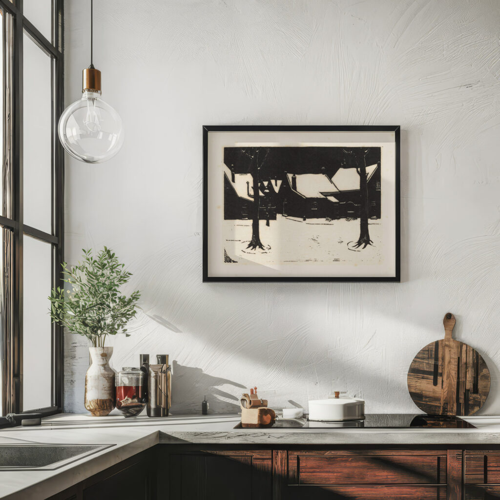 Besneeuwd plein met twee bomen 1928 Dick Ket 6 mockup