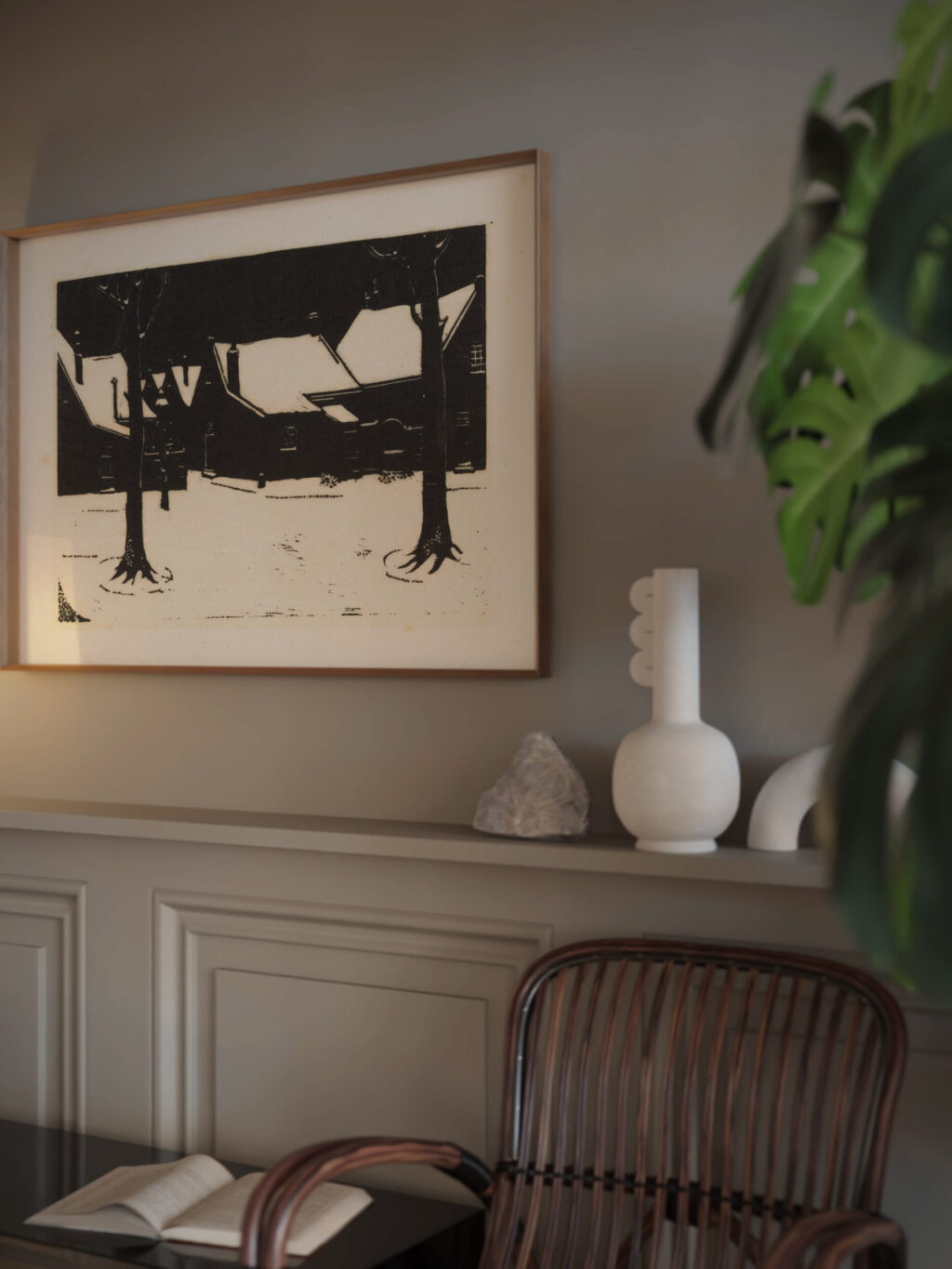 Besneeuwd plein met twee bomen 1928 Dick Ket video mockup