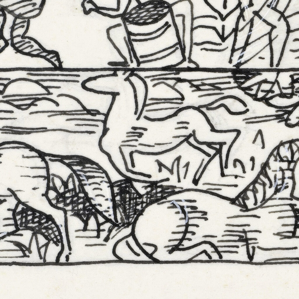 Blad met drie stroken afbeeldingen paarden dansende mensen en maskers 1891 Leo Gestel 8 mockup
