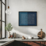 Blad met licht en donkerblauwe helften met uitgespaard hexagonaal motief 1974 1984 Unknown 6 mockup