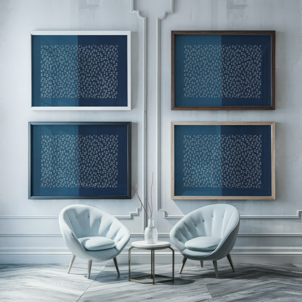 Blad met licht en donkerblauwe helften met uitgespaard hexagonaal motief 1974 1984 Unknown framed posters mockup