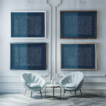 Blad met licht en donkerblauwe helften met uitgespaard hexagonaal motief 1974 1984 Unknown framed posters mockup