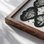 Blad met zeventien vignetten met verbeeldingen van de twaalf maanden en bloemen met meisjesgezichten 1830 Eugen Napoleon Neureuther close up dark wood mockup