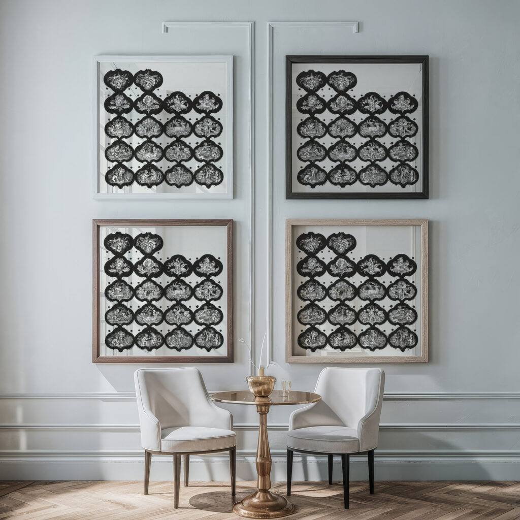 Blad met zeventien vignetten met verbeeldingen van de twaalf maanden en bloemen met meisjesgezichten 1830 Eugen Napoleon Neureuther framed posters mockup