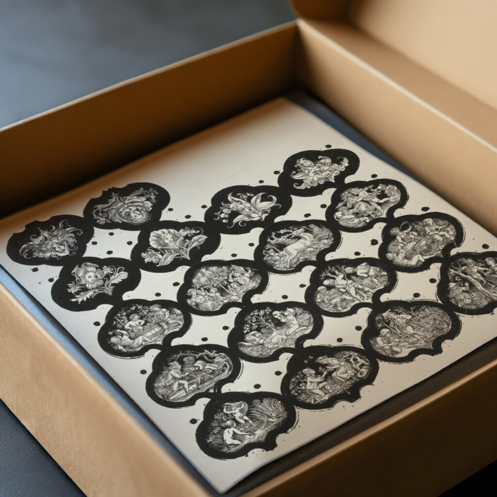 Blad met zeventien vignetten met verbeeldingen van de twaalf maanden en bloemen met meisjesgezichten 1830 Eugen Napoleon Neureuther video mockup