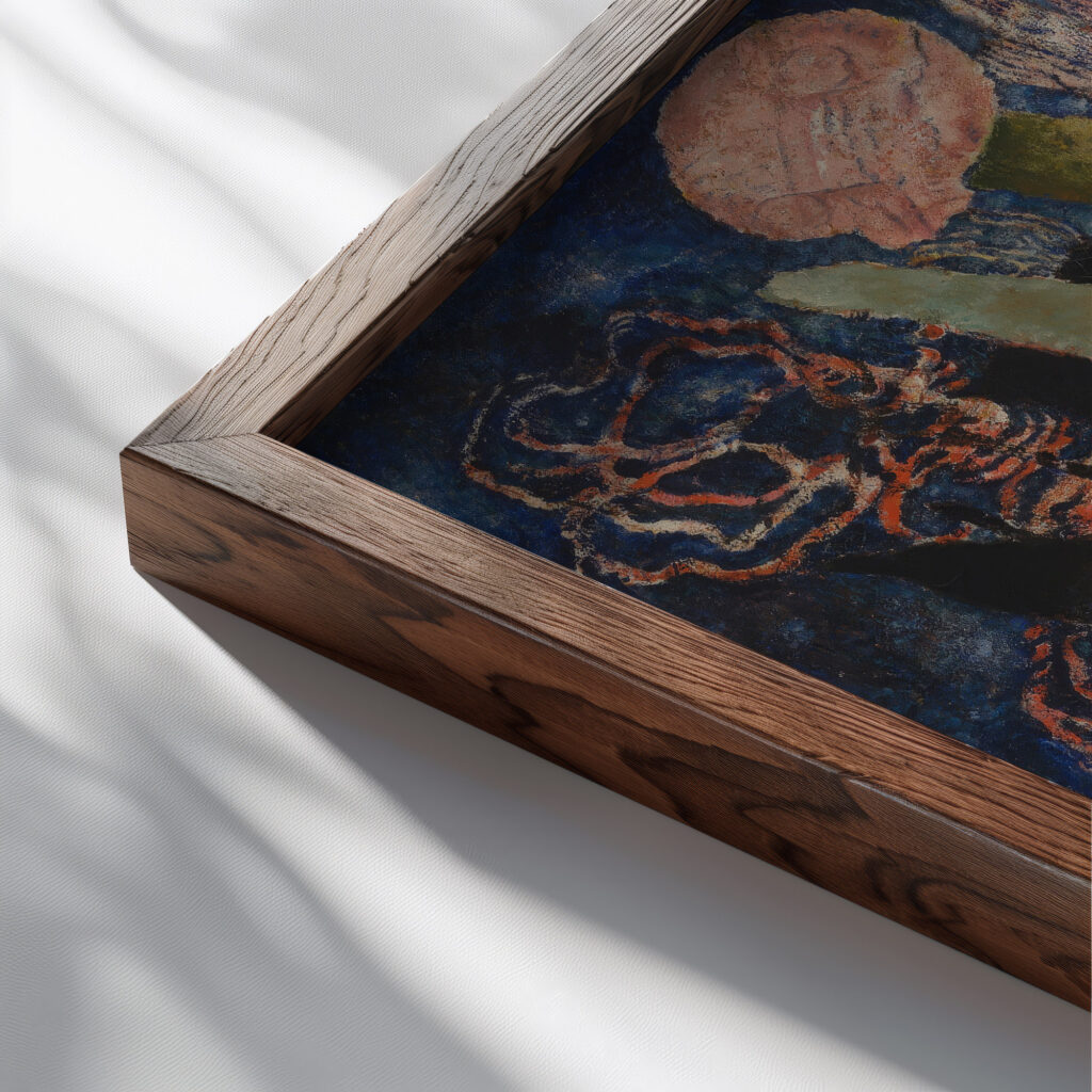 Bloemen over de stad 1929 Frits van den Berghe close up dark wood mockup