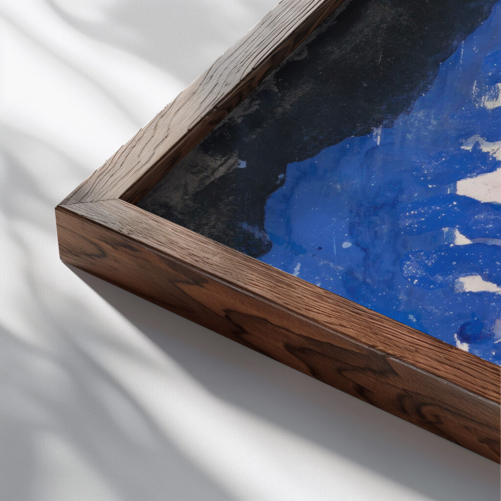 Blue Red and Yellow Figures Jules Schmalzigaug close up dark wood mockup