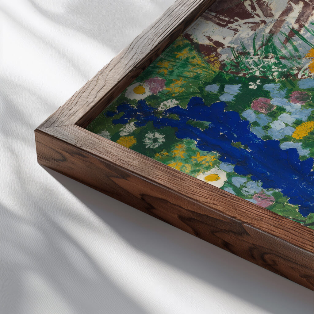 Blumen am Bach 1922 August Babberger close up dark wood mockup