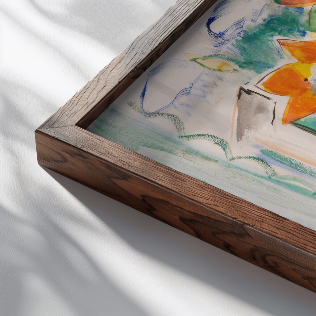 Blumenstillleben mit Schussel und gestreiftem Krug Oskar Moll close up dark wood mockup