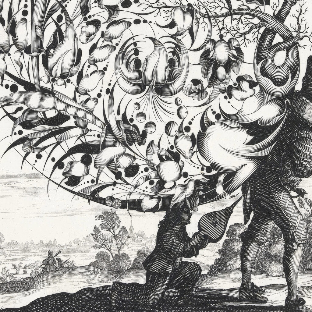 Boeket op rug van marskramer 1635 Isaac Briot 8 mockup