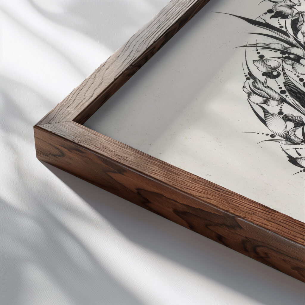 Boeket op rug van marskramer 1635 Isaac Briot close up dark wood mockup