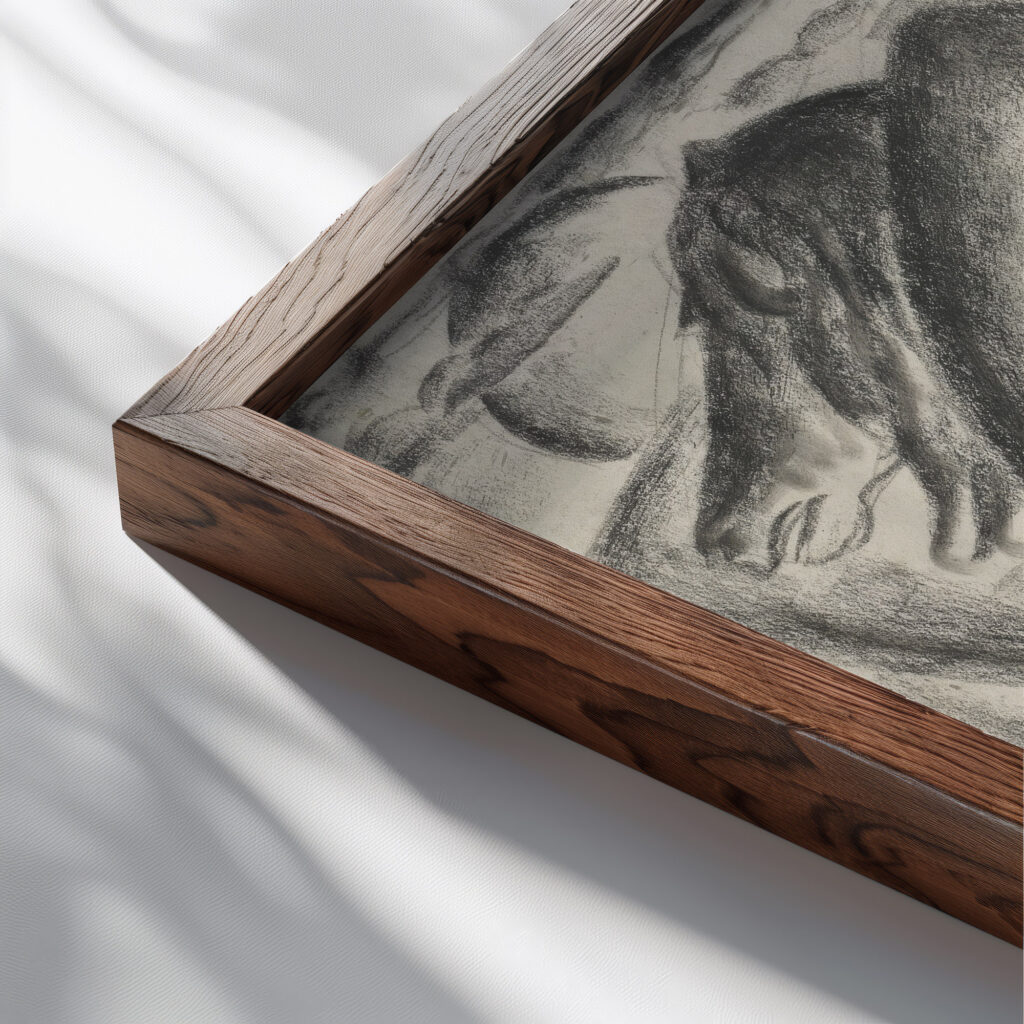Boer met ploeg en trekpaard 1927 Leo Gestel close up dark wood mockup