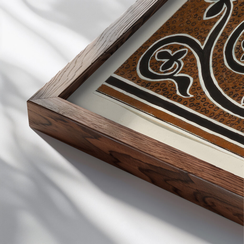 Byzantine Ornament ca 1900 Elizabeth A. Nedwill close up dark wood mockup