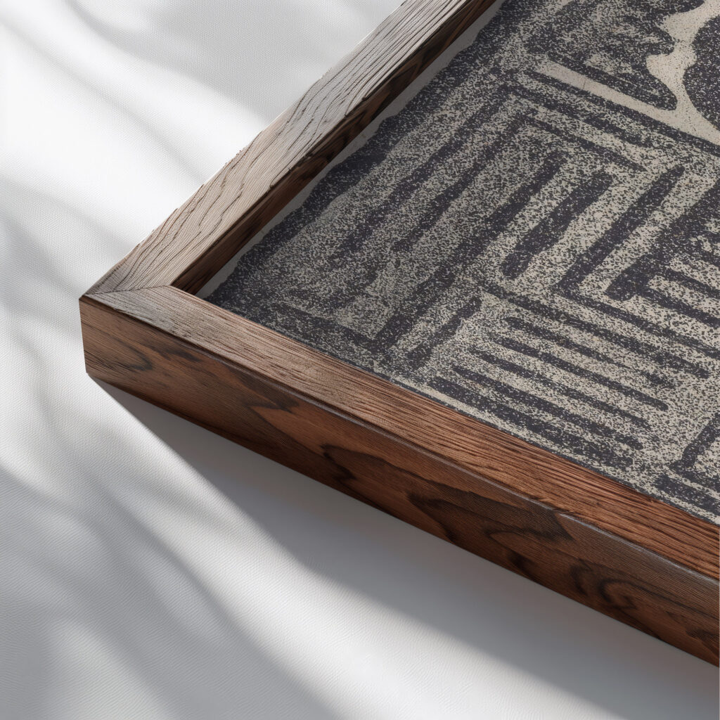 Camelia zwart rondom een doolhofachtig patroon 1920 Samuel Jessurun de Mesquita close up dark wood mockup