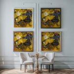 Cats rayist percep.tion in rose black and yellow 1913 Natalia Goncharova framed posters mockup