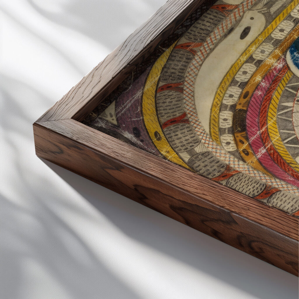 ChrooslenRingKoralle MaserRoosenKreutz und GlokenKreuz. OttiliaWaldSkt. AdolfRing RiisenStadt 1921 Adolf Wolfli close up dark wood mockup
