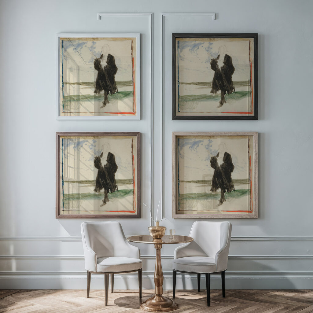 Cloaked man in landscape Edwin Austin Abbey framed posters mockup