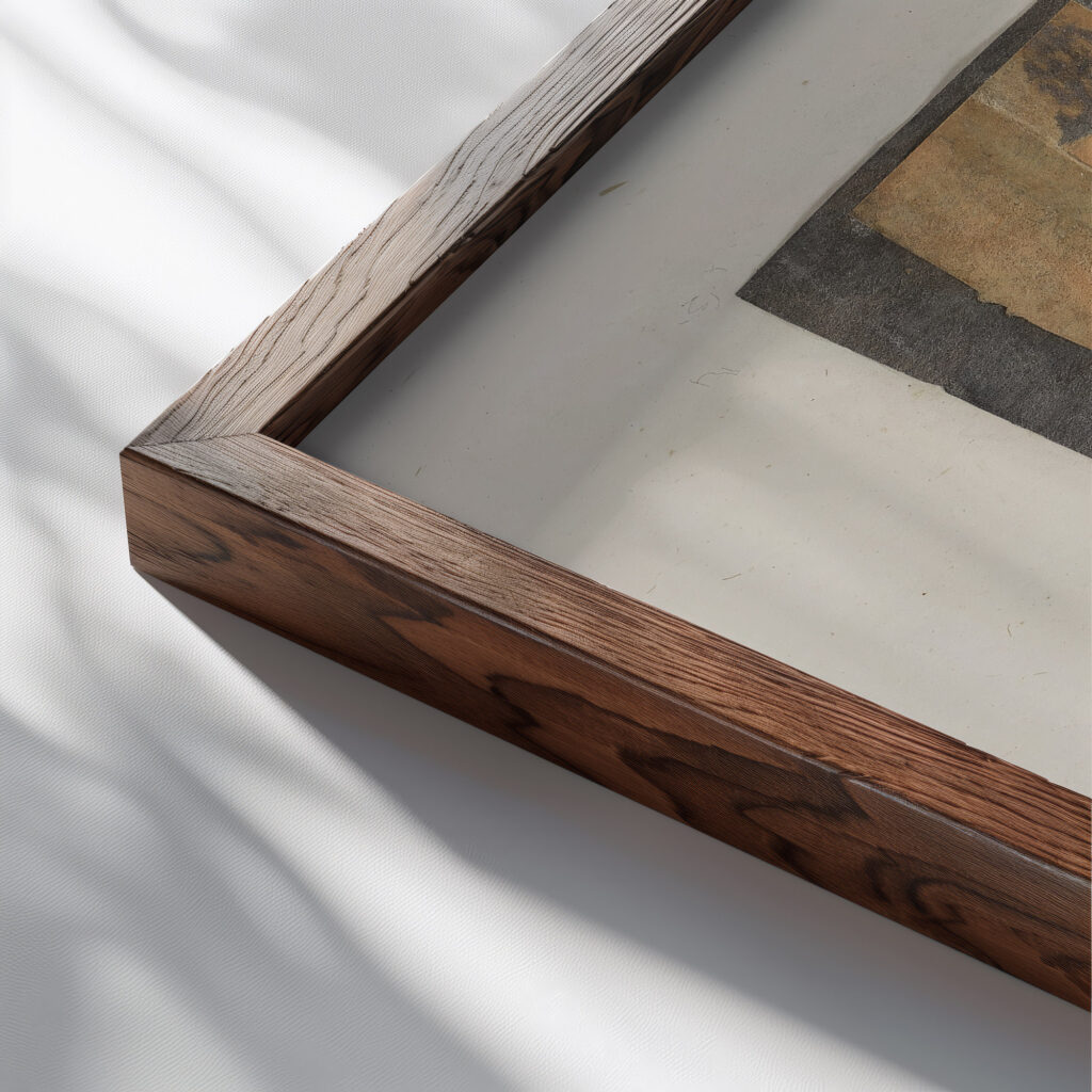 Collage Black Yellow and Ear 1946 Kurt Schwitters close up dark wood mockup