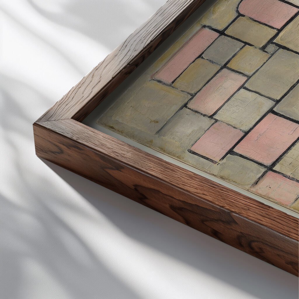 Composition 8 1914 Piet Mondrian close up dark wood mockup