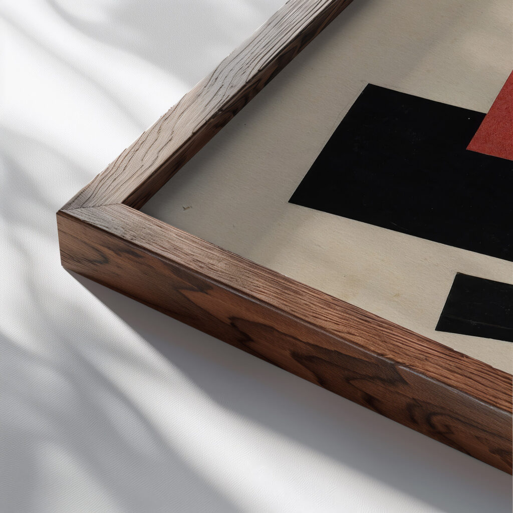 Composition Red Black Gold 1920 El Lissitzky close up dark wood mockup