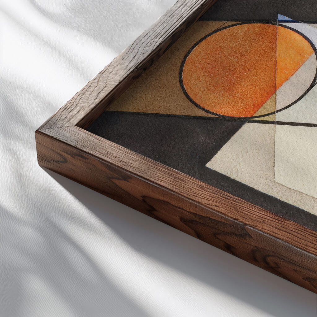 Composition aux cercles symetriques 1932 Laszlo Moholy Nagy close up dark wood mockup