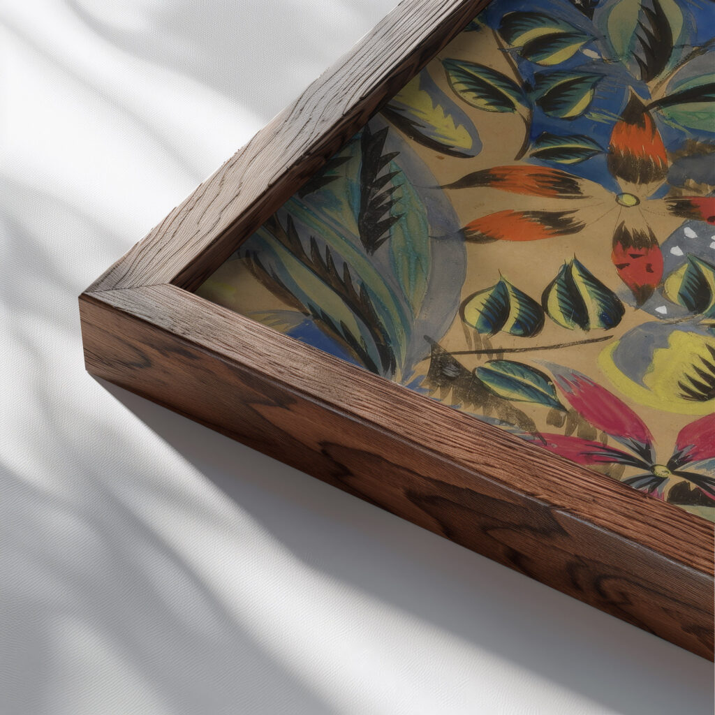 Composition florale aux amarilis Raoul Dufy close up dark wood mockup