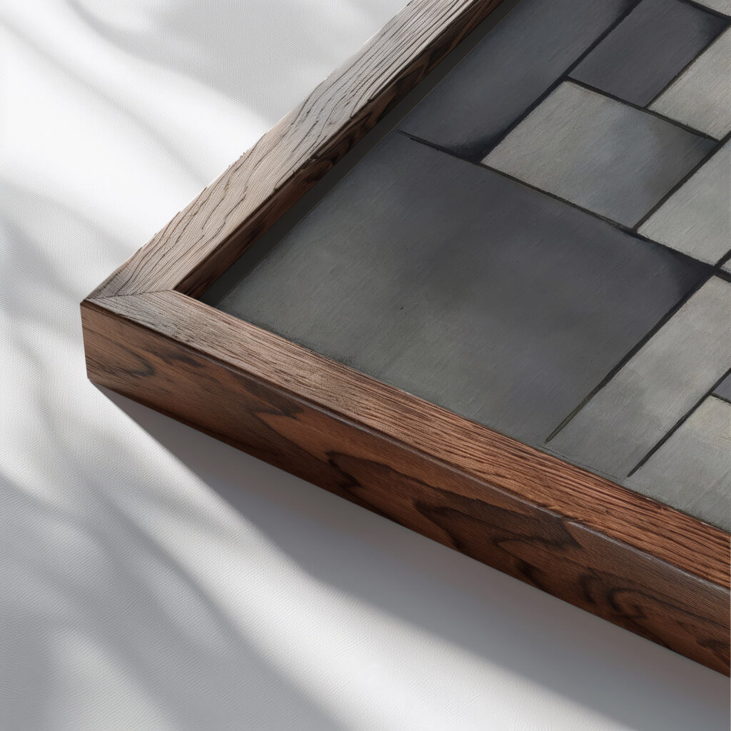 Composition in Gray Rag time. 1919 Theo van Doesburg close up dark wood mockup