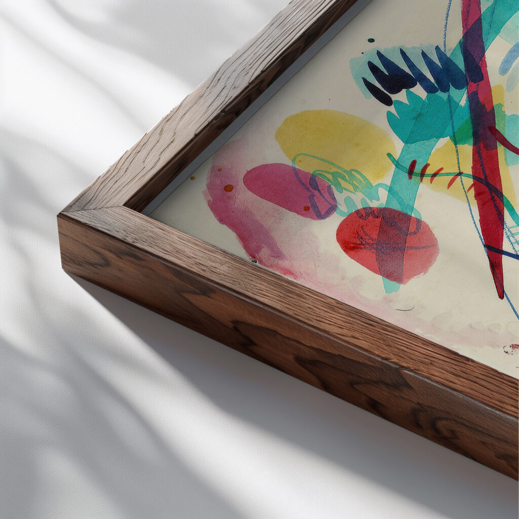 Composition in red blue green and yellow 1913 Wassily Kandinsky close up dark wood mockup