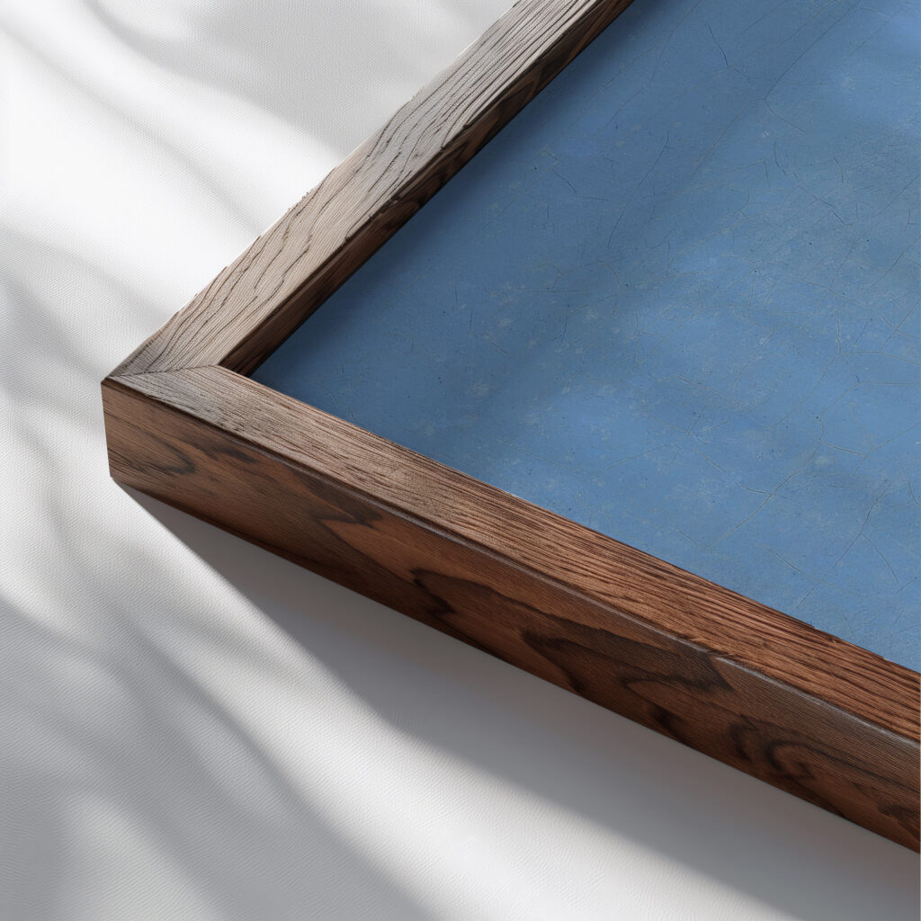 Composition with Blue and Red 1932 Piet Mondrian close up dark wood mockup