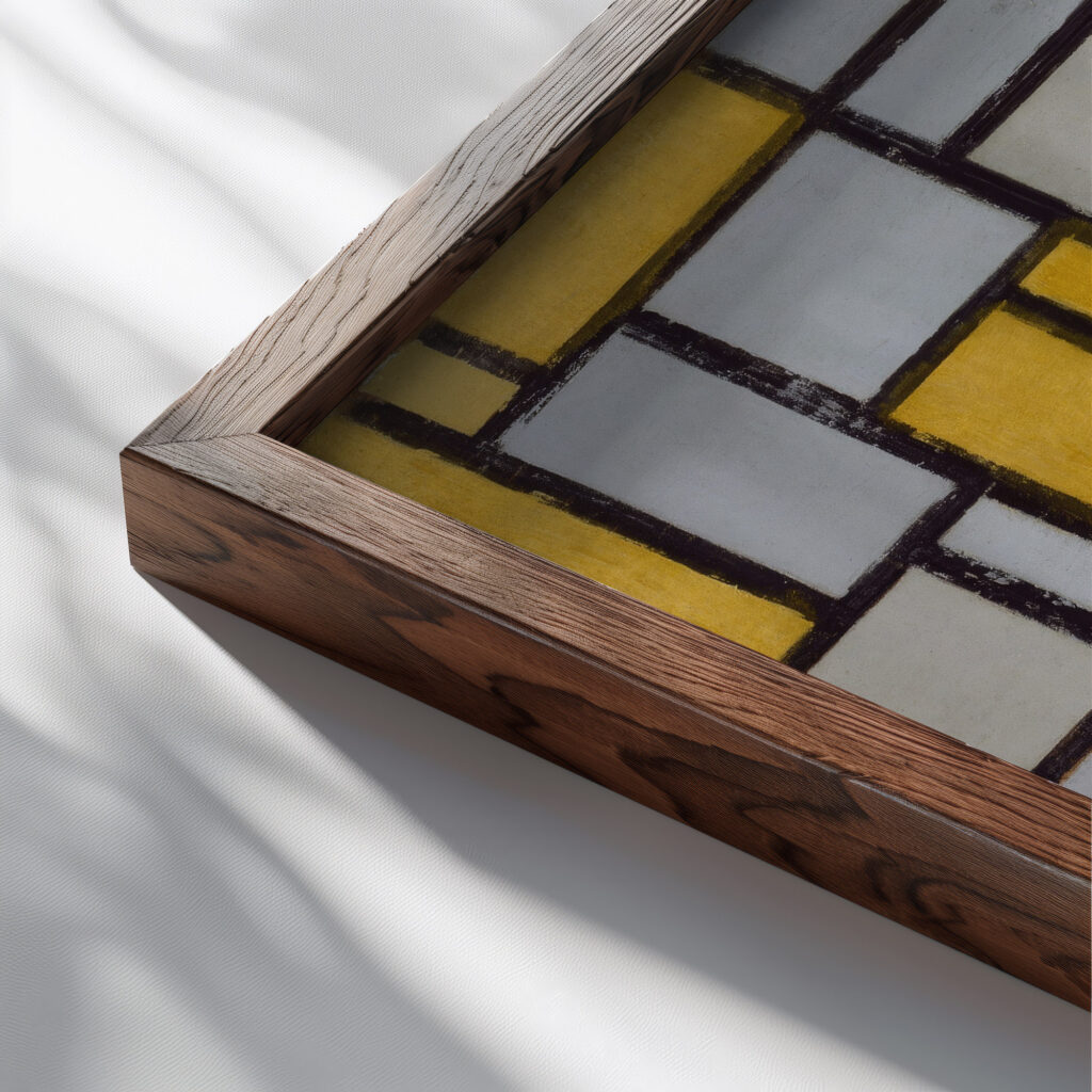 Composition with Grid 1 1918 Piet Mondrian close up dark wood mockup