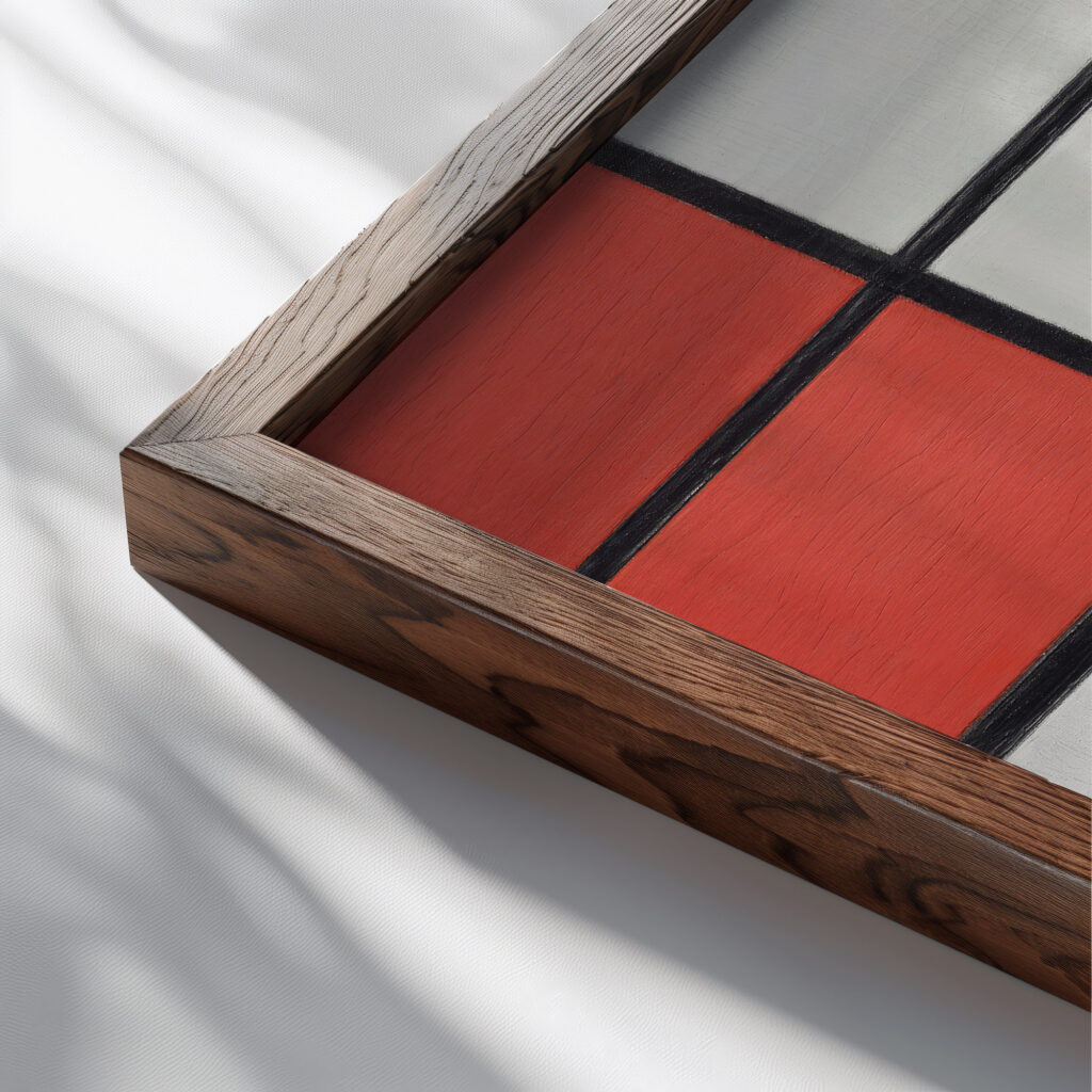 Composition with Red Yellow and Blue 1927 Piet Mondrian close up dark wood mockup