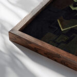 Compotier et nappe a carreaux Fruit Dish on a Checkered Tablecloth 1917 Juan Gris close up dark wood mockup