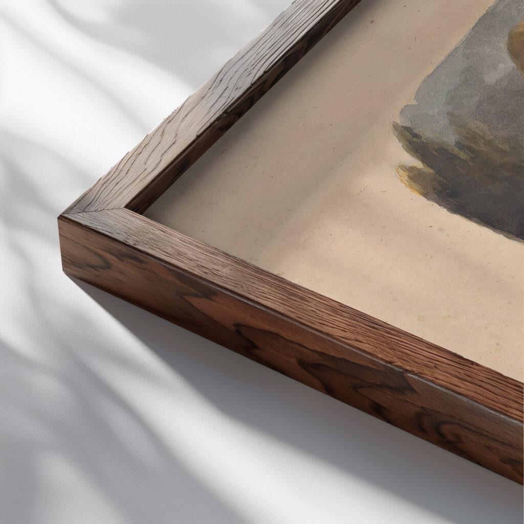 Cottage with Figures in Front no. 15 Landscape with River and Mountains – Sunshine no. 16 Thomas Sully close up dark wood mockup