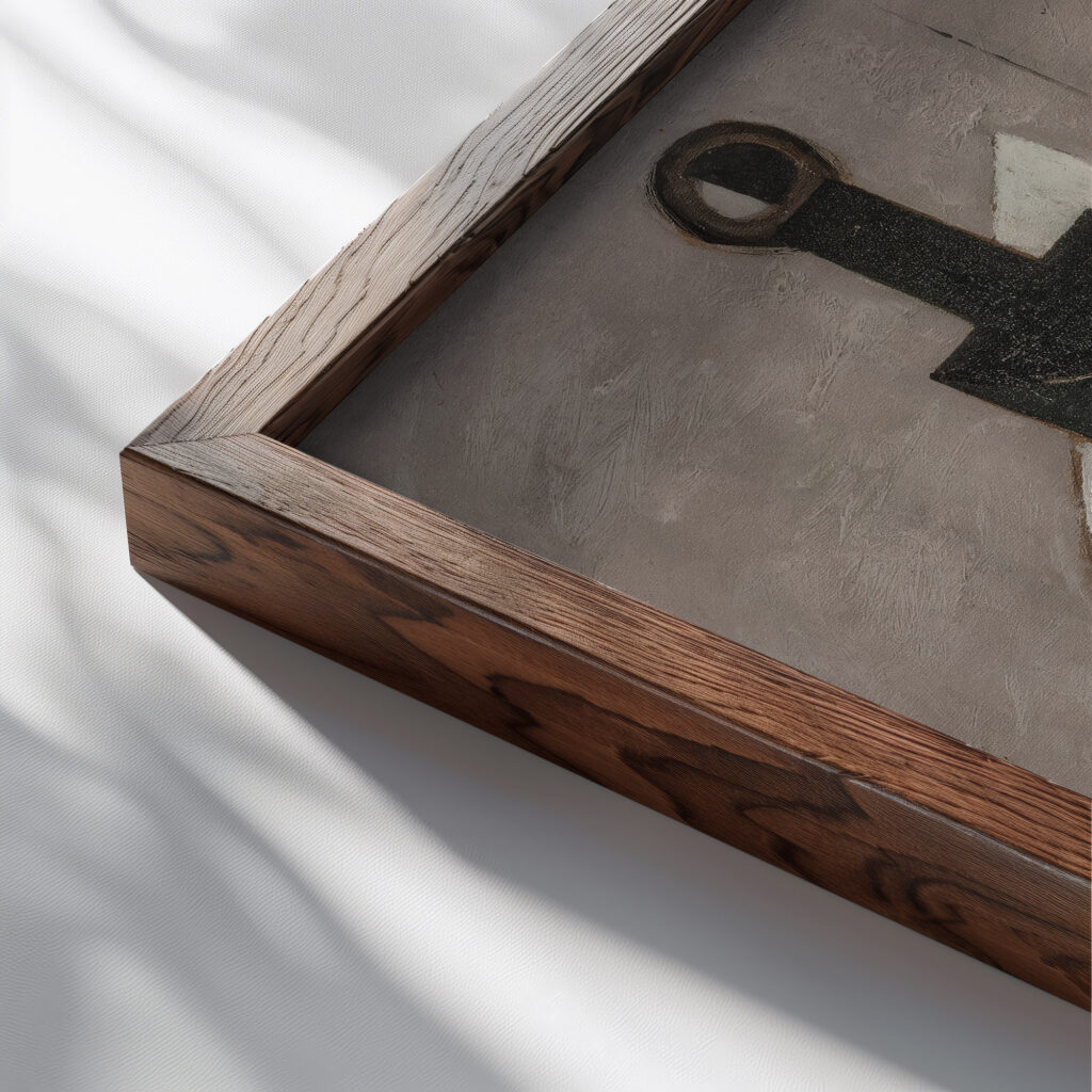 Couteau bouteille et pain breton 1929 Louis Marcoussis close up dark wood mockup